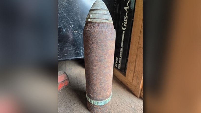 McConnell’s explosive ordnance disposal team responds to a call from the El Dorado Police Department to dispose of a World War I Mark I Shrapnel Projectile device in El Dorado, Kansas, May 3, 2026. The munition is a World War I-era, spin-stabilized anti-personnel projectile designed to airburst and release lead balls over enemy infantry. (Courtesy photo)