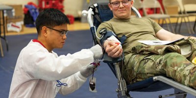 U.S. Air Force 1st Lt Anthony Fieramusca donates life saving blood during the April 2026 West Coast Blood Drive at Travis Air Force Base.