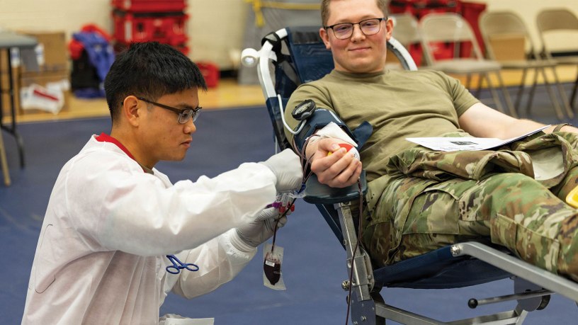 U.S. Air Force 1st Lt Anthony Fieramusca donates life saving blood during the April 2026 West Coast Blood Drive at Travis Air Force Base.