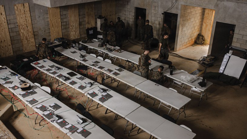 U.S. Marines with 7th Communication Battalion and III Marine Expeditionary Force Support Battalion, both with III MEF Information Group, set up a combat operations center during Kaiju Rain 26 at Camp Hansen, Okinawa, Japan, May 9, 2026.