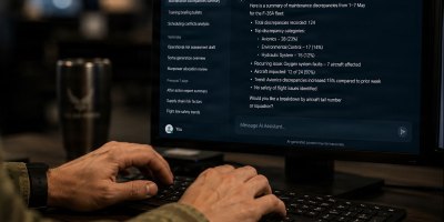 An illustration depicts an Airman using an artificial intelligence assistant during routine operations, at Luke Air Force Base, Arizona, May 7, 2026. The 56th Fighter Wing evaluated how AI capabilities can assist the installation with administrative tasks, data analysis, and mission support functions while maintaining focus on combat-ready capabilities. (U.S. Air Force photo illustration by 56th Fighter Wing Public Affairs)