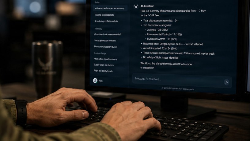 An illustration depicts an Airman using an artificial intelligence assistant during routine operations, at Luke Air Force Base, Arizona, May 7, 2026. The 56th Fighter Wing evaluated how AI capabilities can assist the installation with administrative tasks, data analysis, and mission support functions while maintaining focus on combat-ready capabilities. (U.S. Air Force photo illustration by 56th Fighter Wing Public Affairs)