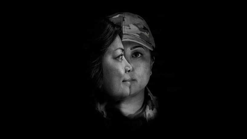 Chief Master Sgt. Virginia Holmgren reflected on the challenges of losing military identity and purpose while continuing her lifelong mission of helping others through mental health advocacy and veteran support. (U.S. Air National Guard photo illustration by Staff Sgt. Jadyn Eisenbrandt)