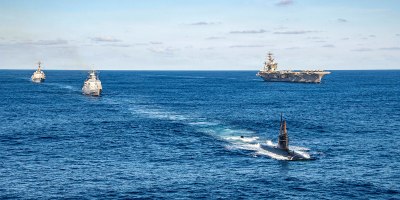 The Brazilian navy attack submarine BNS Humaita and frigate Defensora and the U.S. Navy guided-missile destroyer USS Gridley steam in formation alongside the aircraft carrier USS Nimitz during a bilateral maritime engagement in the Atlantic Ocean, May 13, 2026. The Nimitz is deployed as part of Southern Seas 2026, which seeks to strengthen maritime partnerships with countries throughout the region.