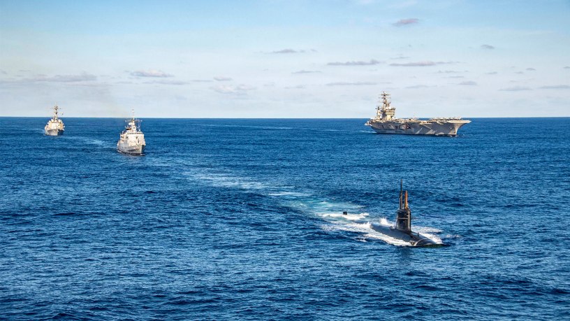 The Brazilian navy attack submarine BNS Humaita and frigate Defensora and the U.S. Navy guided-missile destroyer USS Gridley steam in formation alongside the aircraft carrier USS Nimitz during a bilateral maritime engagement in the Atlantic Ocean, May 13, 2026. The Nimitz is deployed as part of Southern Seas 2026, which seeks to strengthen maritime partnerships with countries throughout the region.