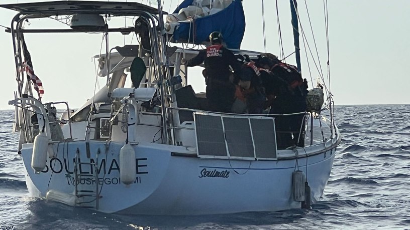 Special agents with the U.S. Coast Guard Investigative Service, supported by Coast Guard surface and aviation assets, conduct an offshore interdiction operation involving the sailing vessel Soulmate approximately 40 nautical miles off the coast of Melbourne, Florida. The operation is part of an ongoing criminal investigation into the disappearance of Lynette Hooker. (U.S. Coast Guard photo)