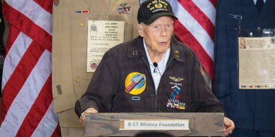 apt. Richard "Dick" Nelms, a 103-year-old World War II B-17 pilot, addresses attendees during the B-17 Alliance Foundation's Armed Forces Day Celebration at Salem McNary Airfield in Salem, Ore., May 16, 2026.