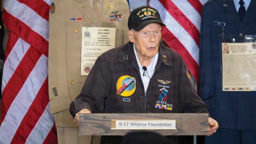 apt. Richard "Dick" Nelms, a 103-year-old World War II B-17 pilot, addresses attendees during the B-17 Alliance Foundation's Armed Forces Day Celebration at Salem McNary Airfield in Salem, Ore., May 16, 2026.