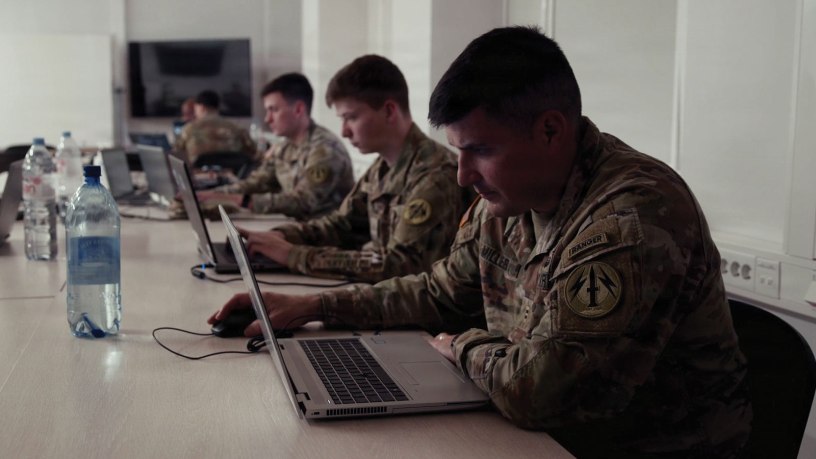 Soldiers from Information Defense Company (IDCO), Multi-Domain Ccommand - Europe (MDC-E) joined Soldiers from 169th Cyber Protection Team, Maryland Army National Guard and Estonian Defence Forces to train on cyber defense skills as part of USAREUR-AF's Sword 26 exercise. Tallinn, Estonia, 18 May 2026.