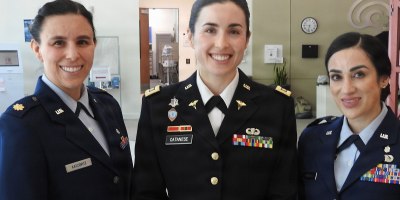 Nurses who competed in the inaugural Janet Rexrode Southby Registered Nurses Award research competition on May 5 as part of Research and Innovation Month at Walter Reed National Military Medical Center included Uniformed Services University nursing graduate students (from left), U.S. Air Force Maj. Felicia Katovitz, U.S. Army Maj. Julia Catanes, and U.S. Air Force Maj. Tatiana Gonzalez.