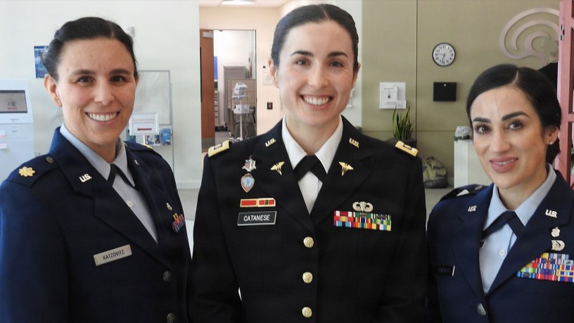 Nurses who competed in the inaugural Janet Rexrode Southby Registered Nurses Award research competition on May 5 as part of Research and Innovation Month at Walter Reed National Military Medical Center included Uniformed Services University nursing graduate students (from left), U.S. Air Force Maj. Felicia Katovitz, U.S. Army Maj. Julia Catanes, and U.S. Air Force Maj. Tatiana Gonzalez.