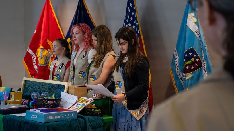 Girl Scout Troop 29 present Naval Medical Center Portsmouth Neurodevelopmental Pediatrics Division with a gift of sensory objects to help improve patient outcomes at NMCP, May 21, 2026.