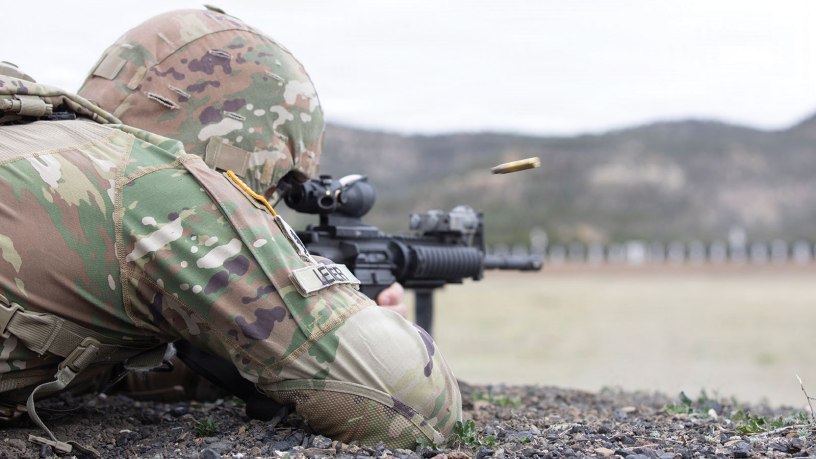 Staff Sgt. Reece Leiler, a network communication systems specialist assigned to the 1st Battalion, 158th Infantry Regiment, Arizona Army National Guard, engages targets with an M4 carbine during the 2026 Marksmanship Advisory Council Region Seven (MAC VII) competition at NRA Whittington Center on May 19, 2026 in Raton, New Mexico.
