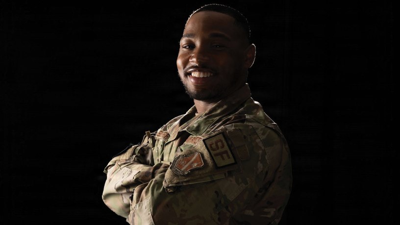 U.S. Air Force Staff Sgt. Jovan Berry, a base defense operations controller assigned to the 316th Security Forces Squadron, poses for a portrait at Joint Base Andrews, Maryland, May 21 2026. Earlier in May, Berry saved a man's life who was having a medical emergency at the Visitor Control Center. (U.S. Air Force photo by Senior Airman Daniel Walderbach)