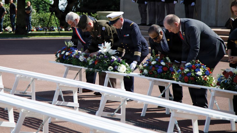 U.S. Army Brig. Gen. John B. Mountford, deputy commanding general of readiness of US Army V Corps, and soldiers of the 2nd Calvary Regiment, joined French officials, allied military leaders, veterans, and local community members during a Memorial Day ceremony honoring American service members buried at Normandy American Cemetery, France, May 24, 2026.