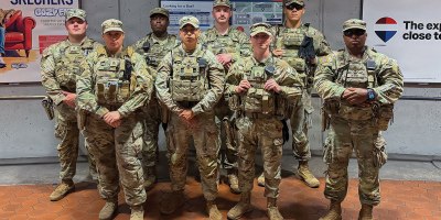 U.S. Soldiers with the Georgia National Guard, assigned to Joint Task Force-District of Columbia in support of the DC Safe and Beautiful mission, poses for a photo after their shift in Washington, May 20, 2026. About 2,500 National Guard members are supporting the mission, providing critical assistance to the Metropolitan Police Department to help ensure the safety of residents, commuters, and visitors throughout the District. (Courtesy asset)