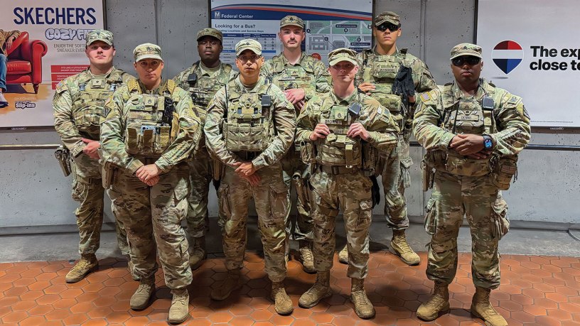 U.S. Soldiers with the Georgia National Guard, assigned to Joint Task Force-District of Columbia in support of the DC Safe and Beautiful mission, poses for a photo after their shift in Washington, May 20, 2026. About 2,500 National Guard members are supporting the mission, providing critical assistance to the Metropolitan Police Department to help ensure the safety of residents, commuters, and visitors throughout the District. (Courtesy asset)