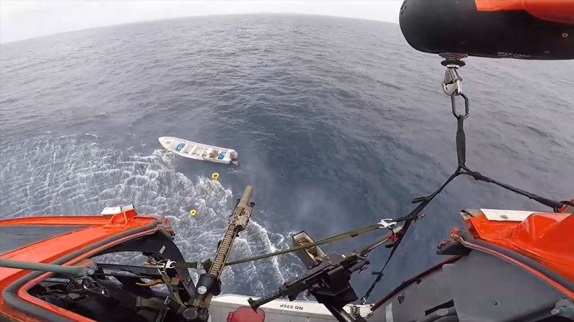 A law enforcement aviation crew from Coast Guard Helicopter Interdiction tactical Squadron (HITRON) interdicts a suspected drug smuggling vessel approximately 80 miles west of Cartagena, Columbia, May 8, 2026. The contraband seized resulted in more than 6,000 pounds of illicit narcotics worth nearly $45.8 million offloaded at Port Everglades, Florida, May 14,2026. (U.S. Coast Guard video courtesy of Coast Guard Helicopter Interdiction Tactical Squadron crew)