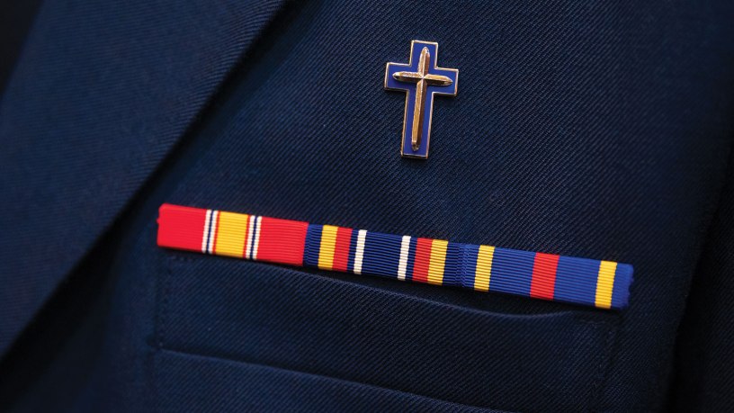 U.S. Air Force Cpt. Steve Thiel, a chaplain assigned to the 103rd Airlift Wing, Connecticut Air National Guard, wears his dress uniform to speak before members of the Connecticut legislature inside the Connecticut State Capitol, Hartford, Connecticut, June 1, 2023. Above Thiel’s ribbons is an Air Force specialty insignia to denote Thiel as a Christian Chaplain. (U.S. Army photo by Sgt. Matthew Lucibello)