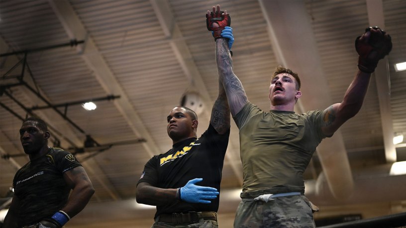 U.S. Army Sgt. Jeremiah Slagle (right), Ohio Army National Guard, competes in the finals during day three of the 2026 Lacerda Cup All-Army Combatives Championship at Fort Benning, Ga. Apr. 10, 2026.