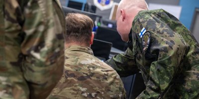 Members of the Finnish Air Force and the 185th Cyberspace Operations Squadron, 192nd Wing, Virginia Air National Guard, collaborate during exercise Smoked Reindeer April 20, 2026, at Joint Base Langley-Eustis in Hampton, Virginia.