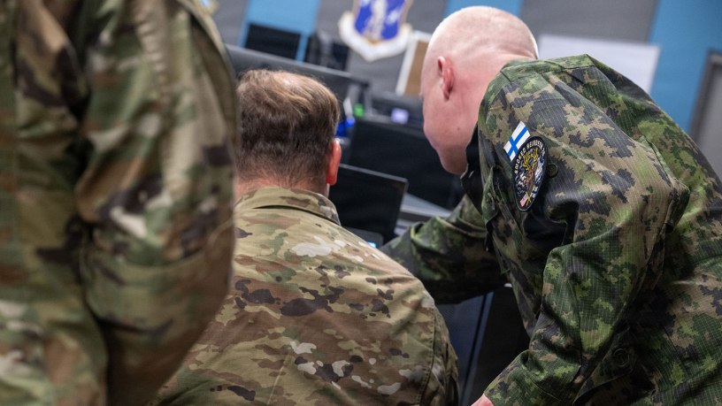 Members of the Finnish Air Force and the 185th Cyberspace Operations Squadron, 192nd Wing, Virginia Air National Guard, collaborate during exercise Smoked Reindeer April 20, 2026, at Joint Base Langley-Eustis in Hampton, Virginia.
