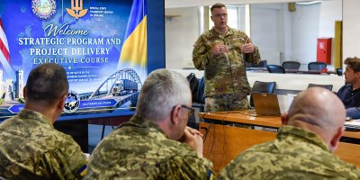 U.S. Army Corps of Engineers, Europe District Commander Col. Dan Kent welcomes officers from Ukraine’s State Special Transport Service to the Strategic Program and Project Delivery workshop April 27 at McCully Barracks in Wackernheim, Germany.