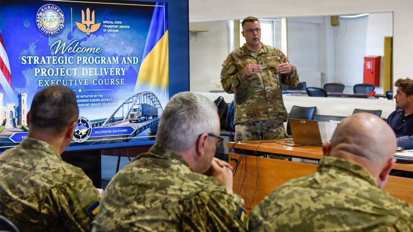 U.S. Army Corps of Engineers, Europe District Commander Col. Dan Kent welcomes officers from Ukraine’s State Special Transport Service to the Strategic Program and Project Delivery workshop April 27 at McCully Barracks in Wackernheim, Germany.