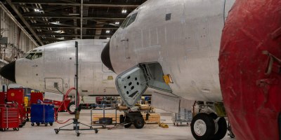 Air Force KC-135 Stratotankers sit in a maintenance bay during programmed depot maintenance at Tinker Air Force Base, Okla., April 29, 2026.