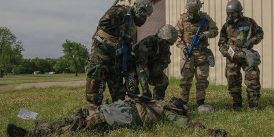 Engineering installation Airmen from the Oklahoma and Minnesota Air National Guard conduct a Post-Attack Reconnaissance sweep during a simulated Chemical, Biological, Radiological and Nuclear attack at Exercise Thunderwolf, Camp Gruber Training Center, Oklahoma, April 29, 2026.