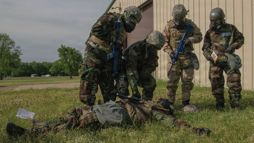 Engineering installation Airmen from the Oklahoma and Minnesota Air National Guard conduct a Post-Attack Reconnaissance sweep during a simulated Chemical, Biological, Radiological and Nuclear attack at Exercise Thunderwolf, Camp Gruber Training Center, Oklahoma, April 29, 2026.