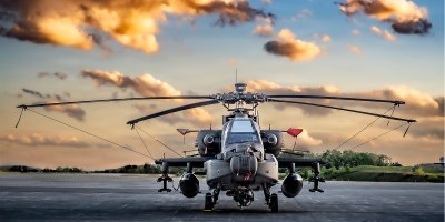 An AH-64E Apache Guardian from the 1-151st Attack Reconnaissance Battalion, South Carolina National Guard sits on the tarmac at the Greenbrier Valley Airport.