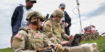 Indiana National Guard Soldiers with the 76th Mobile Brigade Combat Team and instructors operate a laptop connected to the Switchblade 600, a loitering munition system, during training at Camp Atterbury, near Edinburgh, Indiana, May 15, 2026.