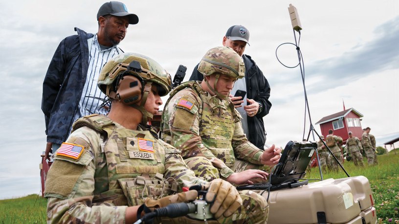 Indiana National Guard Soldiers with the 76th Mobile Brigade Combat Team and instructors operate a laptop connected to the Switchblade 600, a loitering munition system, during training at Camp Atterbury, near Edinburgh, Indiana, May 15, 2026.