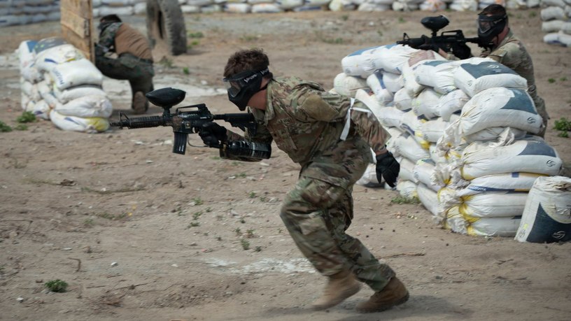 Soldiers assigned to 2nd Platoon, 940th Military Police Company, participate in a force-on-force paintball event alongside Ecuadorian sailors during Exercise El Gato 2026 in Salinas, Ecuador, May 16, 2026.