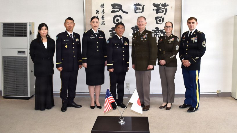 Leaders and personnel from the Japan Ground Self-Defense Force (JGSDF) Medical Service School and U.S. Army Medical Department Activity-Japan (MEDDAC-J) stand together for a group photo following an award ceremony at the JGSDF Medical Service School in Tokyo on May 18.