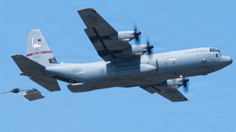 U.S. Air National Guard C-130 crew members from the 143d Airlift Wing conduct a heavy equipment drop as part of joint interfly operations conducted between the Rhode Island and Connecticut Air National Guard on May 19, 2026, at Westover Air Reserve Base, Mass.