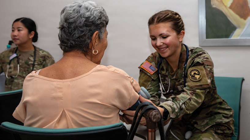 U.S. Army Staff Sgt. Hannah Olson, a practical nursing specialist, assigned to Joint Task Force-Bravo, takes vitals during a humanitarian mission at Minsa Capsi Luis Jose in Herrera, Panama, May 20, 2026.