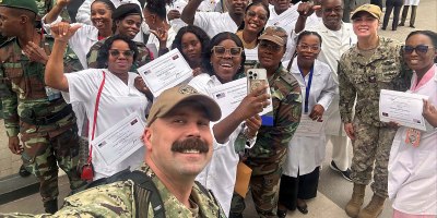 Lt. Cmdr. Patrick Marsh, assigned to Naval Hospital Jacksonville, poses for a photo with participants in his two-week Trauma Nursing and Surgical Trauma Training at the Angola Armed Forces Military Hospital in Luanda, Angola, Africa. Marsh was name-selected to lead the training. (Courtesy photo)