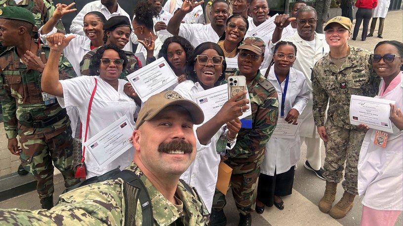 Lt. Cmdr. Patrick Marsh, assigned to Naval Hospital Jacksonville, poses for a photo with participants in his two-week Trauma Nursing and Surgical Trauma Training at the Angola Armed Forces Military Hospital in Luanda, Angola, Africa. Marsh was name-selected to lead the training. (Courtesy photo)