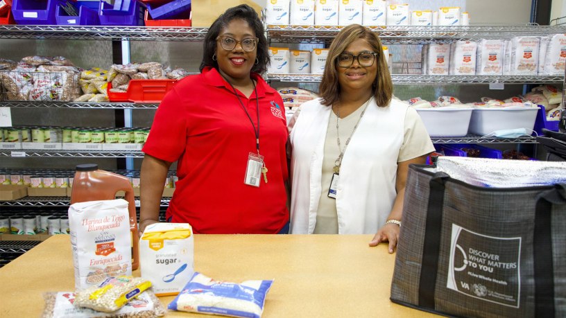 Christina Drones, Director of Agency Relations and Program Services for Mid-South Food Bank (left) and Rosemary Campbell, program coordinator for the food pantry program (right) pose for a photo during the soft opening of the Lt. Col. Luke Weathers, Jr. VA Medical Center food hub in Memphis, Tennessee, May 21, 2026.