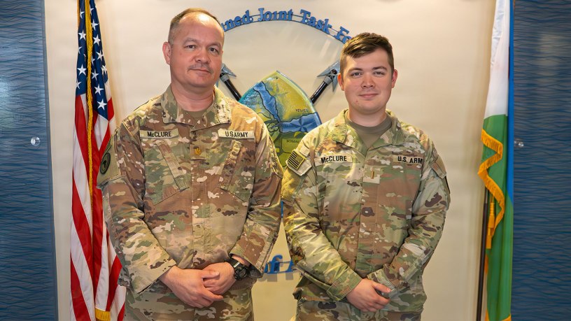 U.S. Army Maj. Mark McClure, left, and 2nd Lt. Ethan McClure, the Exercise Branch Chief and Antiterrorism and Force Protection Deputy Director with the Nebraska National Guard’s 67th Maneuver Enhancement Brigade assigned to Combined Joint Task Force–Horn of Africa, Camp Lemonnier, Djibouti, May 29, 2026.