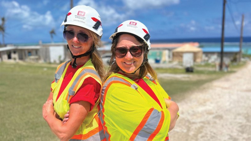 Christina Etzrodt and Clara Baber of the U.S. Army Corps of Engineers Omaha District work side by side in Saipan May 31, 2026 in the aftermath of Super Typhoon Sinlaku, combining technical expertise and compassion as a mother-daughter team helping families rebuild and recover storm-damaged homes.