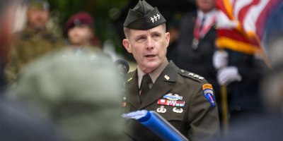 U.S. Army Lt. Gen. Curtis Buzzard, commanding general of Security Assistance Group–Ukraine (SAG-U) and NATO Security Assistance and Training for Ukraine (NSATU), delivers commemorative remarks during the Airborne Ceremony in Sainte-Mère-Église, France, on June 3, 2026.