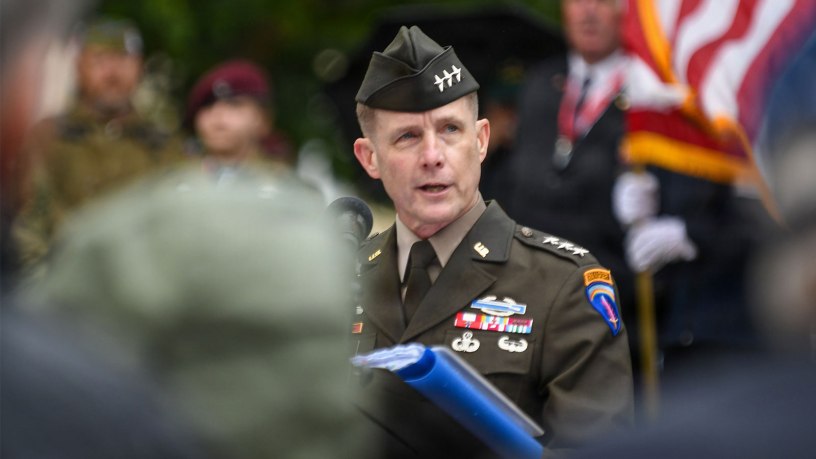 U.S. Army Lt. Gen. Curtis Buzzard, commanding general of Security Assistance Group–Ukraine (SAG-U) and NATO Security Assistance and Training for Ukraine (NSATU), delivers commemorative remarks during the Airborne Ceremony in Sainte-Mère-Église, France, on June 3, 2026.