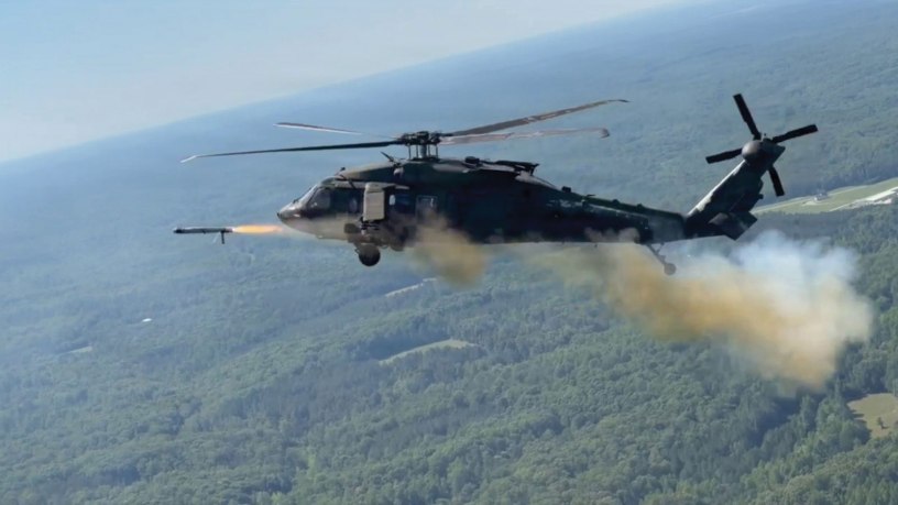 An UH-60M Black Hawk helicopter demonstrates the U.S. Army’s air-launched effects capability during a test flight in June at Fort A.P. Hill, Virginia.