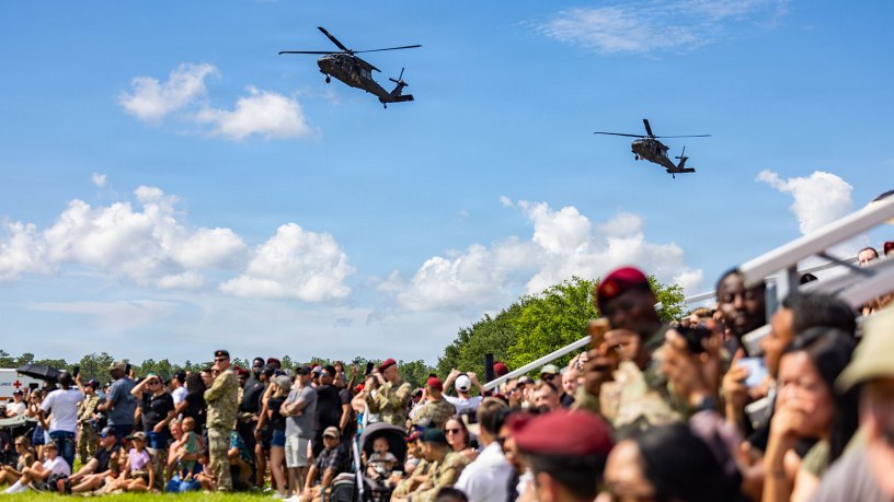 Soldiers assigned to 7th Special Forces Group (Airborne), or 7th SFG(A), family members and community members watch a capabilities exercise (CAPEX) following the opening ceremony of Red Empire Week 2026 at Camp “Bull” Simons, Fla., June 8, 2026.
