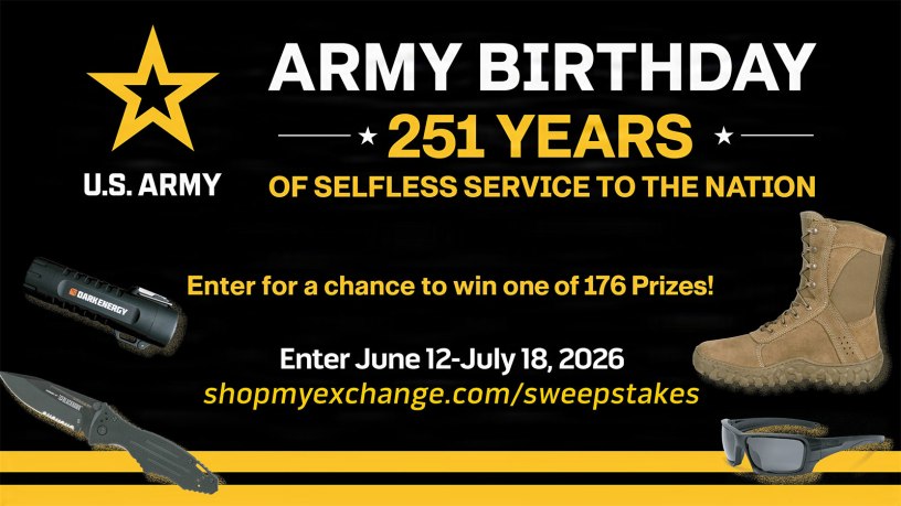 It’s the Army’s 251st birthday, but these gifts are for military shoppers. The Army & Air Force Exchange Service is rolling out an Army birthday sweepstakes, with 176 prizes totaling nearly $7,700.