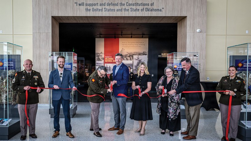 Jay Fox, Hensel Phelps Construction; Maj. Gen. Thomas H. Mancino, adjutant general for Oklahoma, Mayor David Holt, mayor of Oklahoma City, Mrs. Cindy Lankford, representing Senator James Lankford; Dr. Denise Neil, Oklahoma National Guard Museum executive director, join in the ribbon cutting for the Oklahoma National Guard Museum in Oklahoma City, June 11, 2026. (Oklahoma National Guard photo by Anthony Jones)