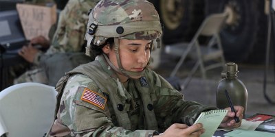 U.S. Army Cpl. Isela Teran, unit supply sergeant with the 155th Combat Sustainment Support Battalion reviews supply capacities of units located throughout the area of operation during Operation Sentinel Justice at Gulfport, Miss., June 13. 2026.